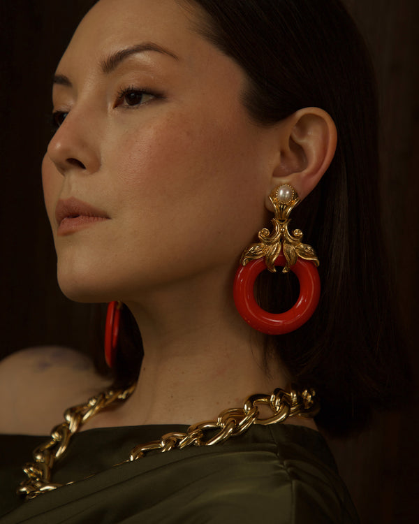 Vintage 80's Oversized Red Lucite Ring Drop Earrings