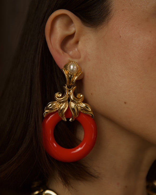 Vintage 80's Oversized Red Lucite Ring Drop Earrings