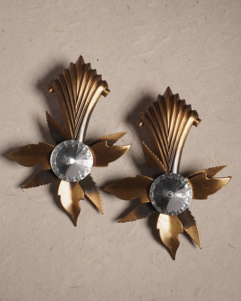 Vintage 80's Rhinestone Brass Flower Earrings