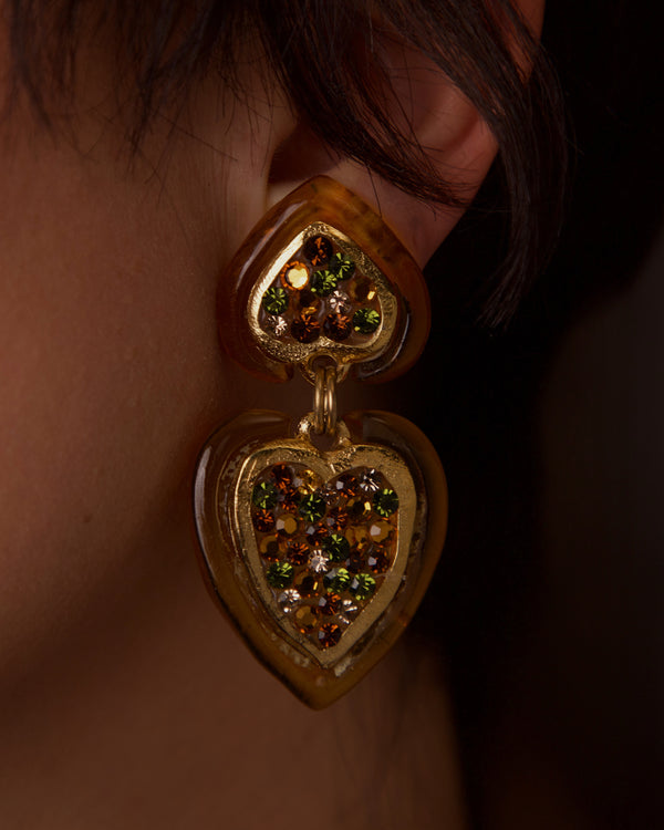 VINTAGE 80'S FRENCH AMBER RESIN & RHINESTONE HEART DROP EARRINGS