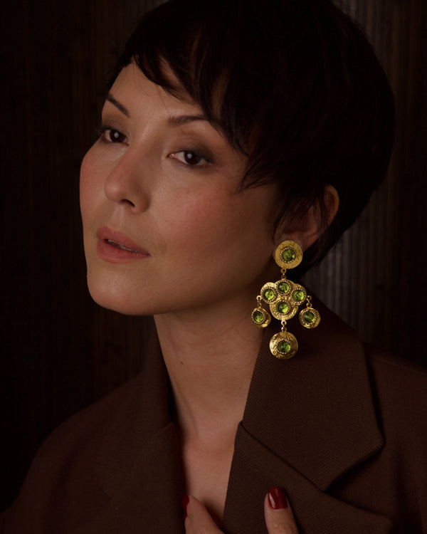 VINTAGE 80'S FRENCH GREEN CABOCHON STATEMENT EARRINGS