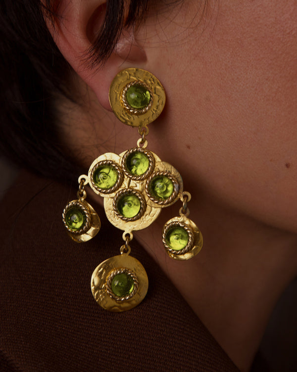 VINTAGE 80'S FRENCH GREEN CABOCHON STATEMENT EARRINGS