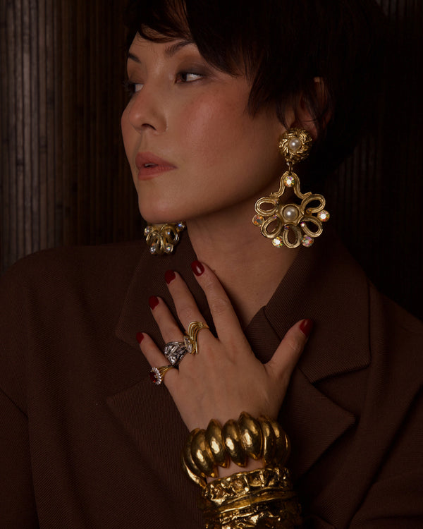 VINTAGE 80'S FRENCH OVERSIZED AB RHINESTONE & PEARL EARRINGS