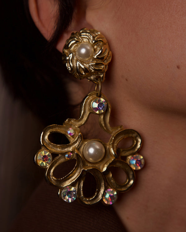 VINTAGE 80'S FRENCH OVERSIZED AB RHINESTONE & PEARL EARRINGS