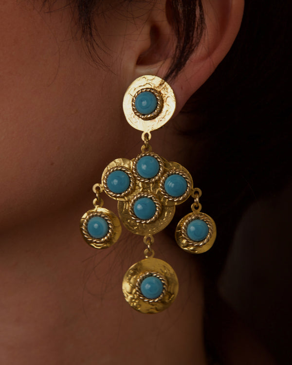 VINTAGE 80'S FRENCH TURQUOISE CAB DROP EARRINGS