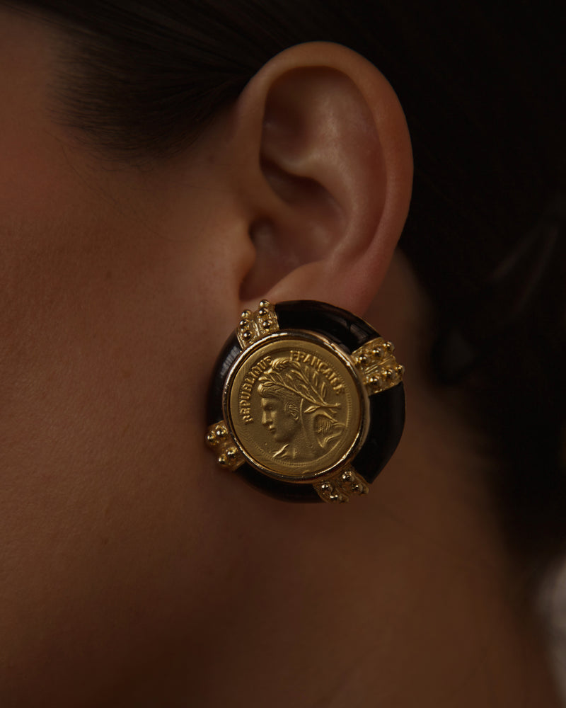 VINTAGE BLACK ENAMEL GOLD COIN EARRINGS