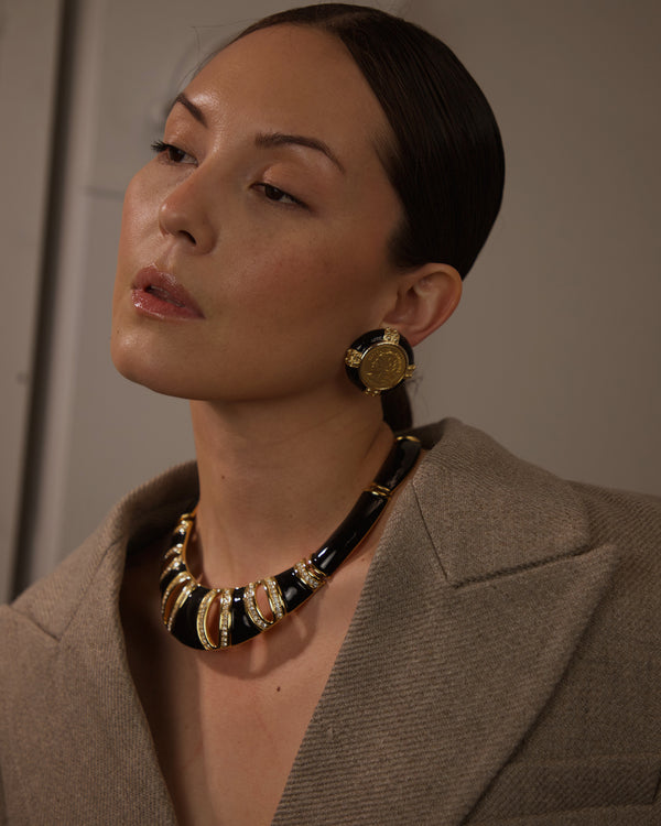 VINTAGE BLACK ENAMEL GOLD COIN EARRINGS