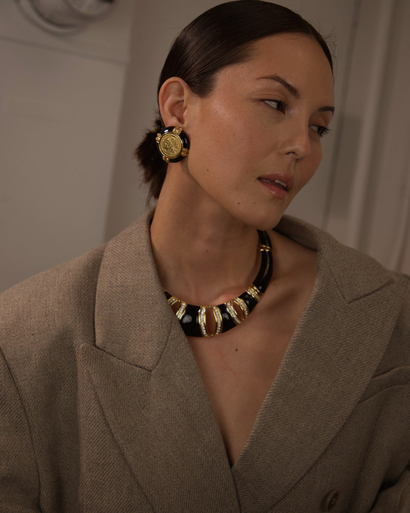 VINTAGE BLACK ENAMEL GOLD COIN EARRINGS