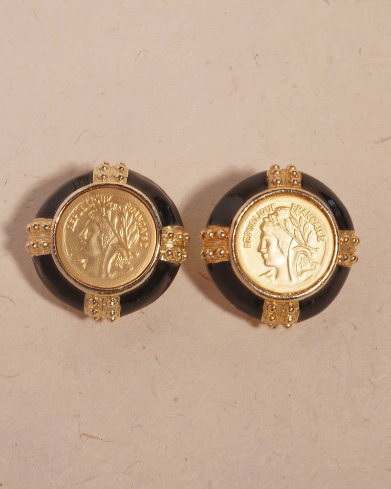 VINTAGE BLACK ENAMEL GOLD COIN EARRINGS