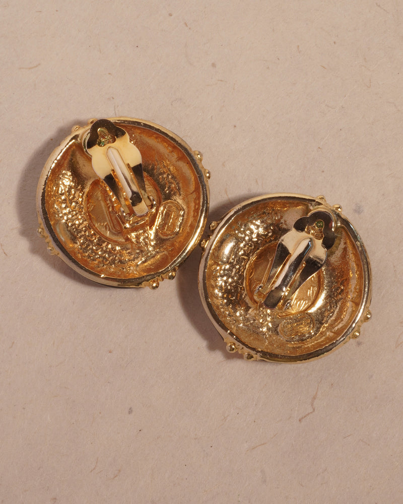 VINTAGE BLACK ENAMEL GOLD COIN EARRINGS