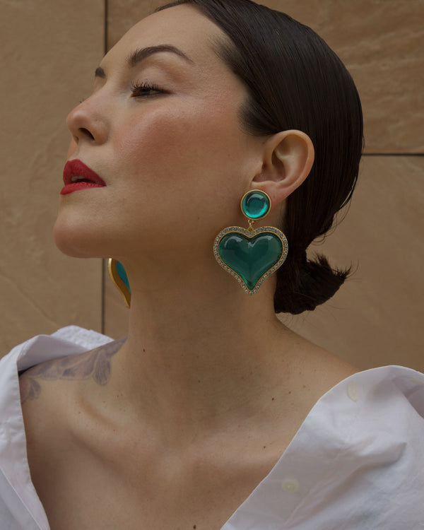 Vintage Bubble Heart Drop Earrings (Emerald)