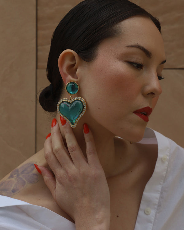 Vintage Bubble Heart Drop Earrings (Emerald)