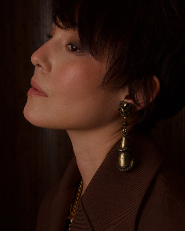 VINTAGE CHANTAL DE KEROUARTZ BRASS SNAKE DROP EARRINGS