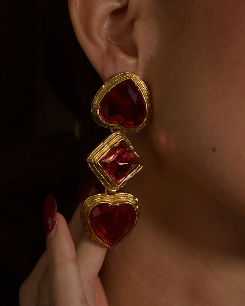 VINTAGE CJ RUBY & PINK HEART DROP EARRINGS