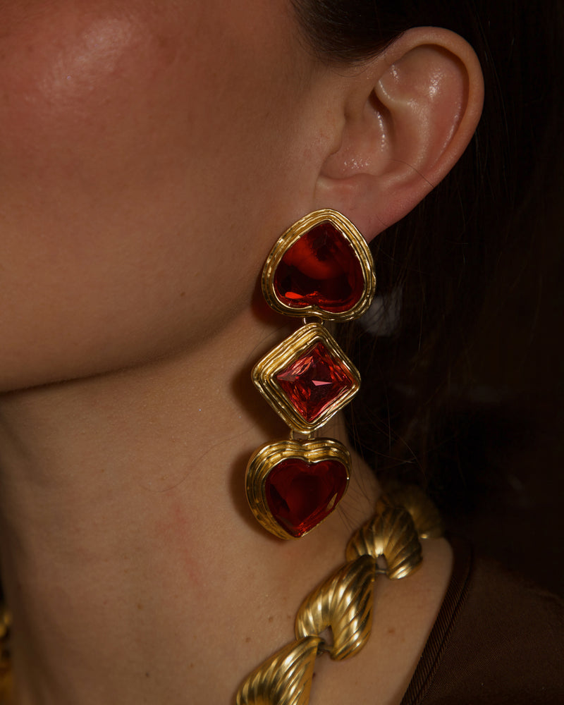 VINTAGE CJ RUBY & PINK HEART DROP EARRINGS