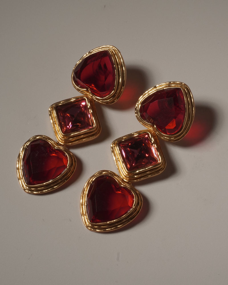 VINTAGE CJ RUBY & PINK HEART DROP EARRINGS