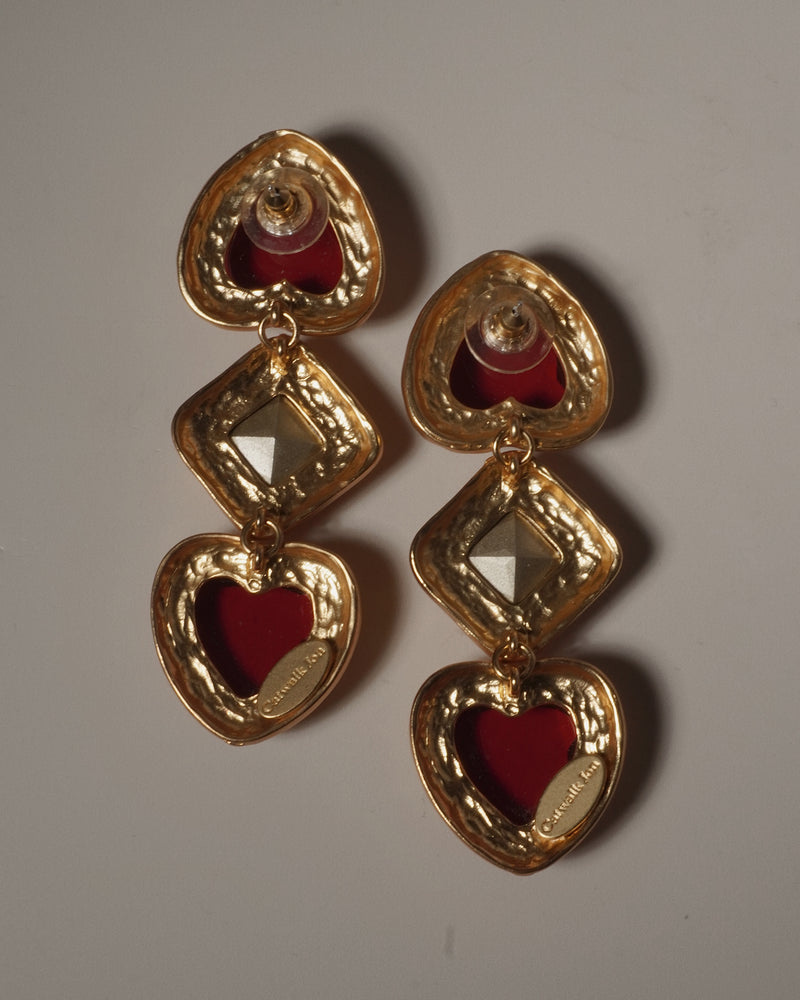 VINTAGE CJ RUBY & PINK HEART DROP EARRINGS