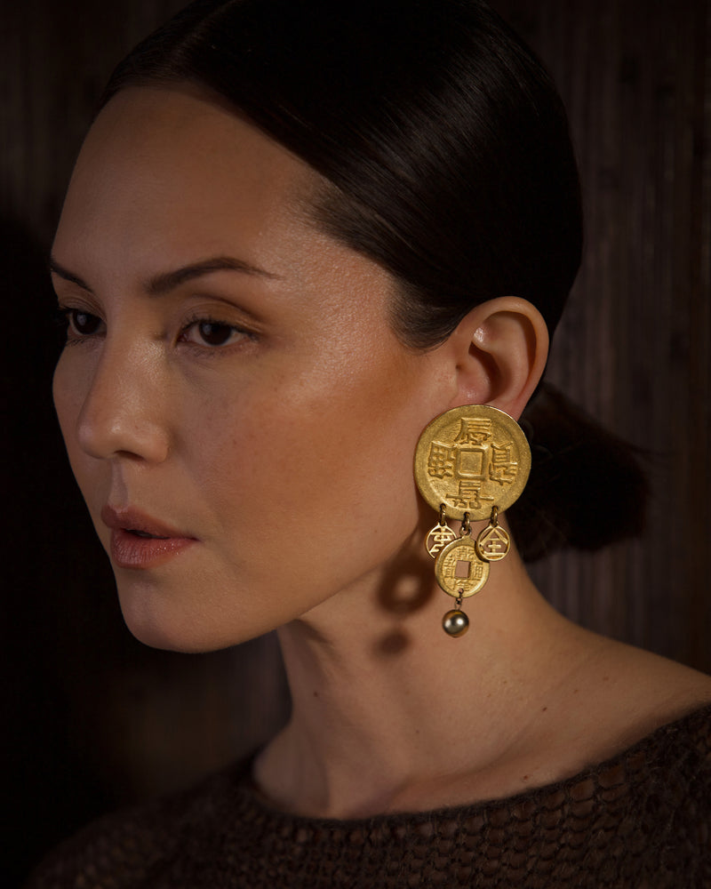 Vintage Dauplaise Chinese Coin Drop Earrings