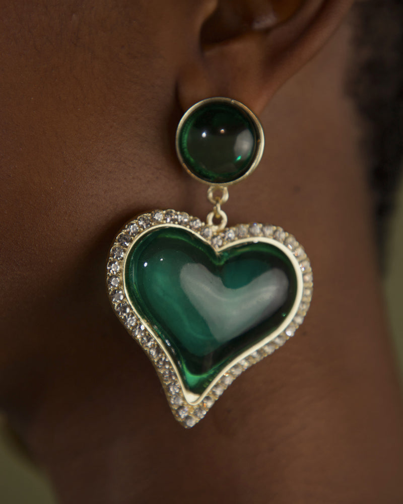 VINTAGE EMERALD BUBBLE HEART DROP EARRINGS