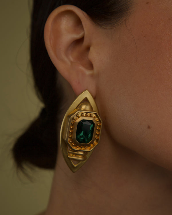 VINTAGE EMERALD ETRUSCAN STATEMENT EARRINGS