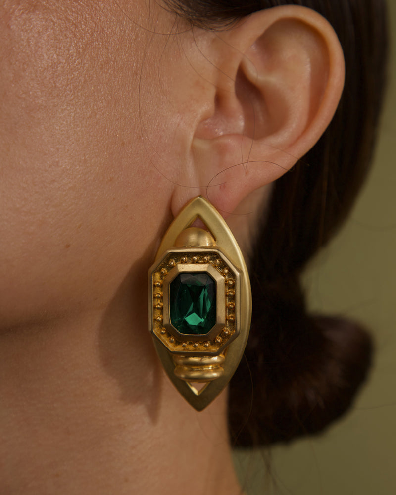 VINTAGE EMERALD ETRUSCAN STATEMENT EARRINGS