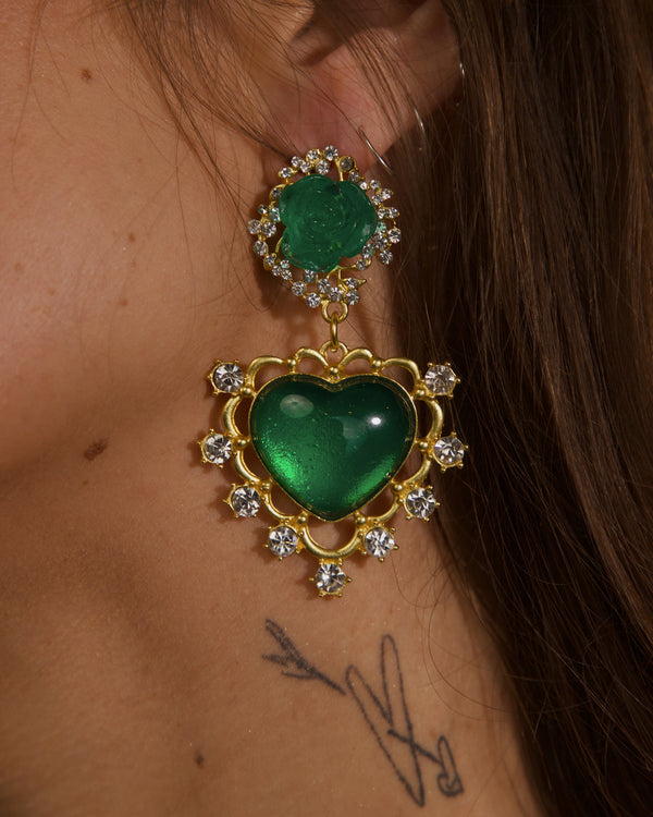 VINTAGE EMERALD RESIN HEART DROP EARRINGS