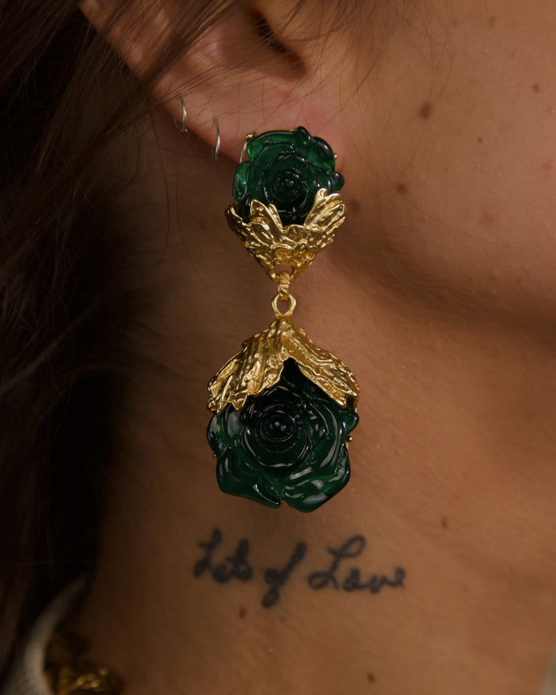 VINTAGE EMERALD RESIN ROSE DROP EARRINGS