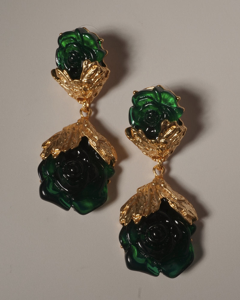 VINTAGE EMERALD RESIN ROSE DROP EARRINGS