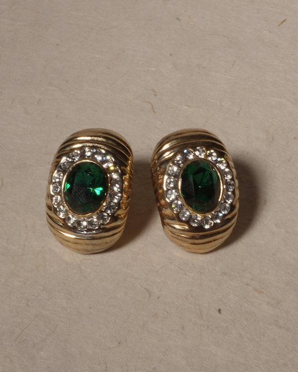 Vintage Emerald Ribbed Clip On Hoops