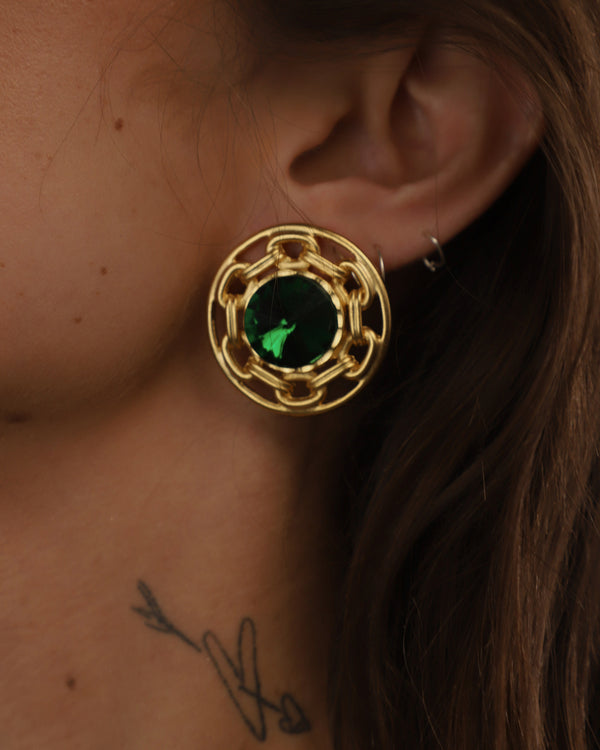 VINTAGE EMERALD & CHAIN BUTTON EARRINGS