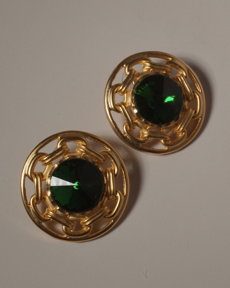 VINTAGE EMERALD & CHAIN BUTTON EARRINGS