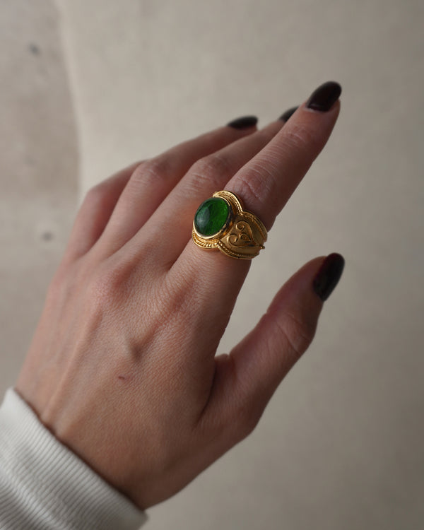 Vintage Etruscan Green Cabochon Ring Sz 7