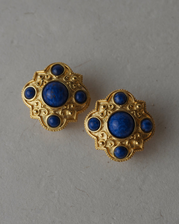 Vintage Etruscan Lapis Cabochon Clip Ons