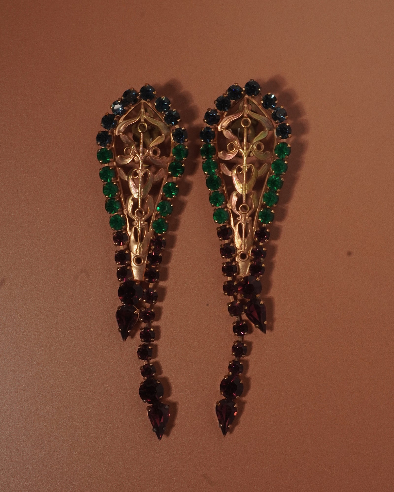 VINTAGE FRENCH MULTI-COLORED RHINESTONE STATEMENT DROP EARRINGS