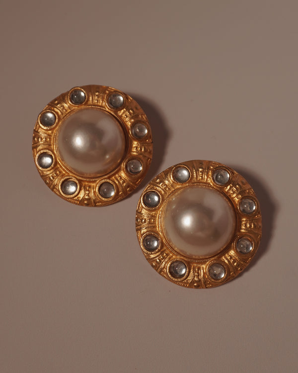 Vintage Glass & Pearl Cab Button Earrings
