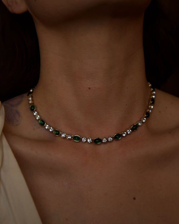 Vintage Green Cabochon & Crystal Tennis Necklace