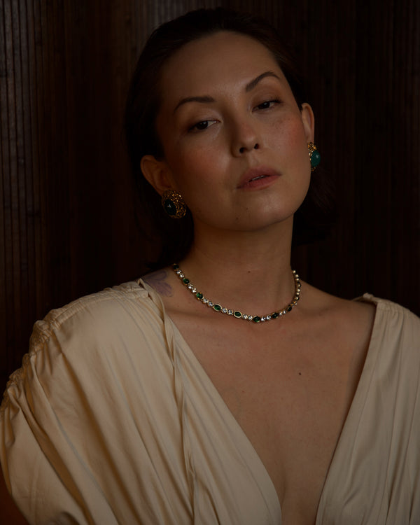 Vintage Green Cabochon & Crystal Tennis Necklace