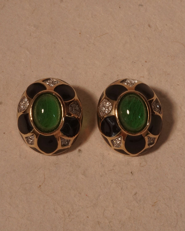 Vintage Green Glass & Black Enamel Button Clip Ons