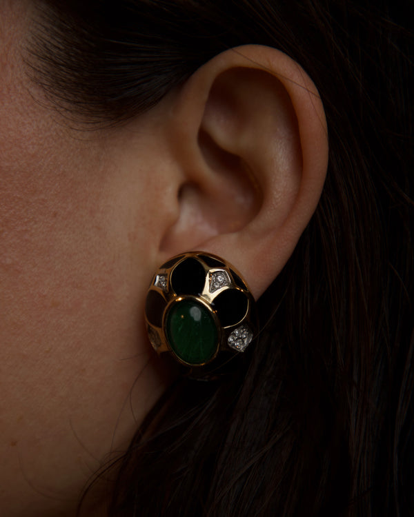 Vintage Green Glass & Black Enamel Button Clip Ons