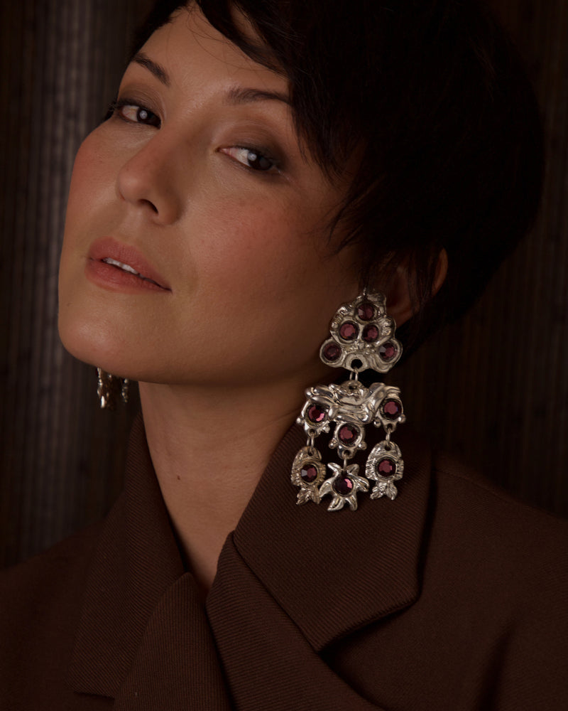 VINTAGE KALINGER XL GILT SILVER & RHINESTONE STATEMENT EARRINGS