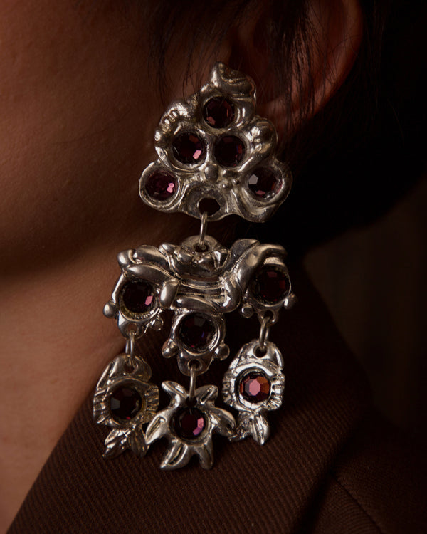 VINTAGE KALINGER XL GILT SILVER & RHINESTONE STATEMENT EARRINGS