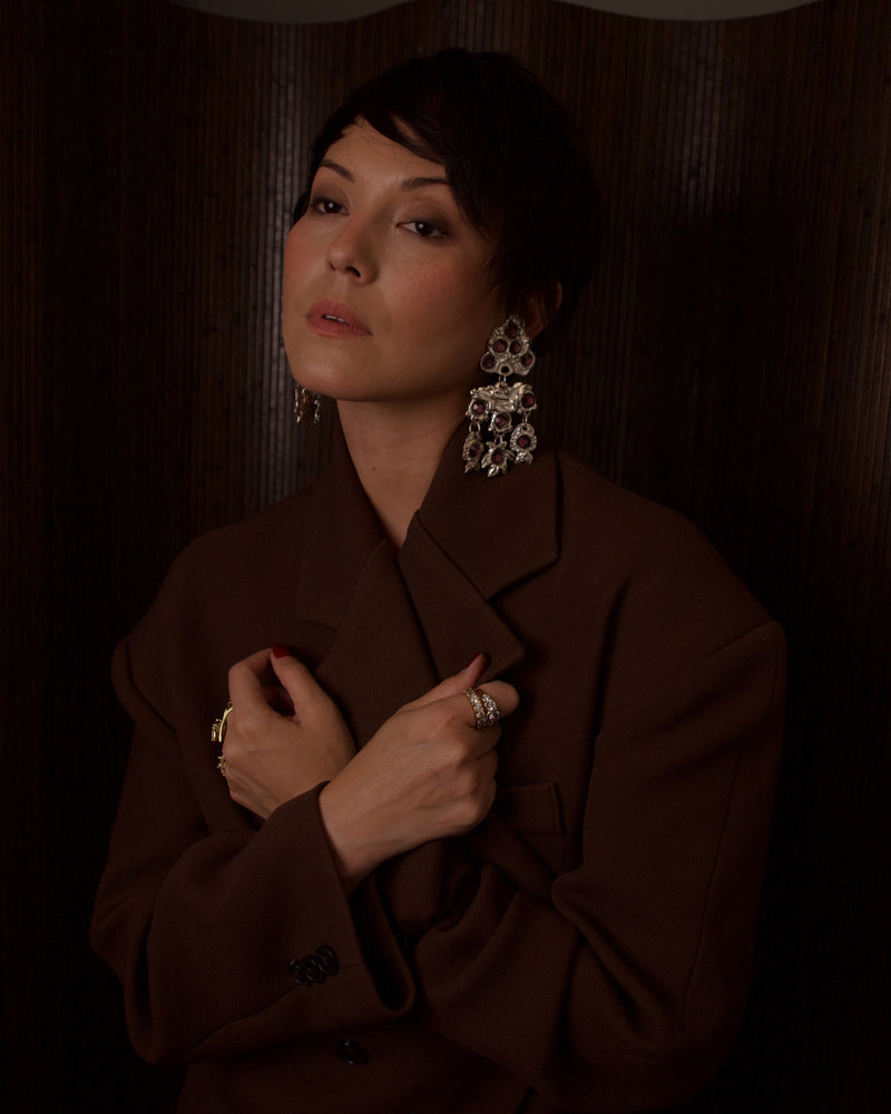 VINTAGE KALINGER XL GILT SILVER & RHINESTONE STATEMENT EARRINGS