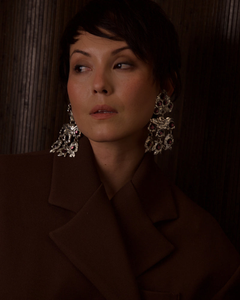 VINTAGE KALINGER XL GILT SILVER & RHINESTONE STATEMENT EARRINGS