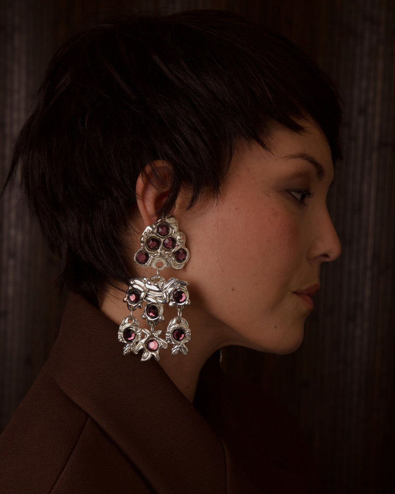 VINTAGE KALINGER XL GILT SILVER & RHINESTONE STATEMENT EARRINGS