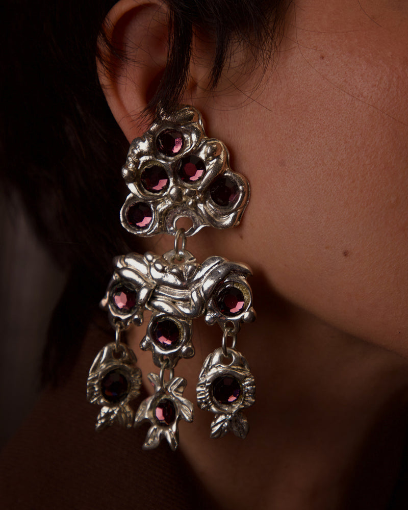 VINTAGE KALINGER XL GILT SILVER & RHINESTONE STATEMENT EARRINGS