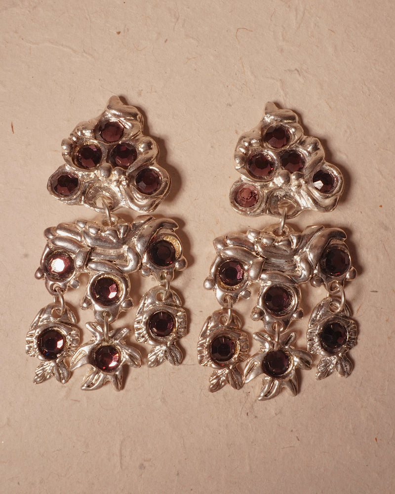 VINTAGE KALINGER XL GILT SILVER & RHINESTONE STATEMENT EARRINGS