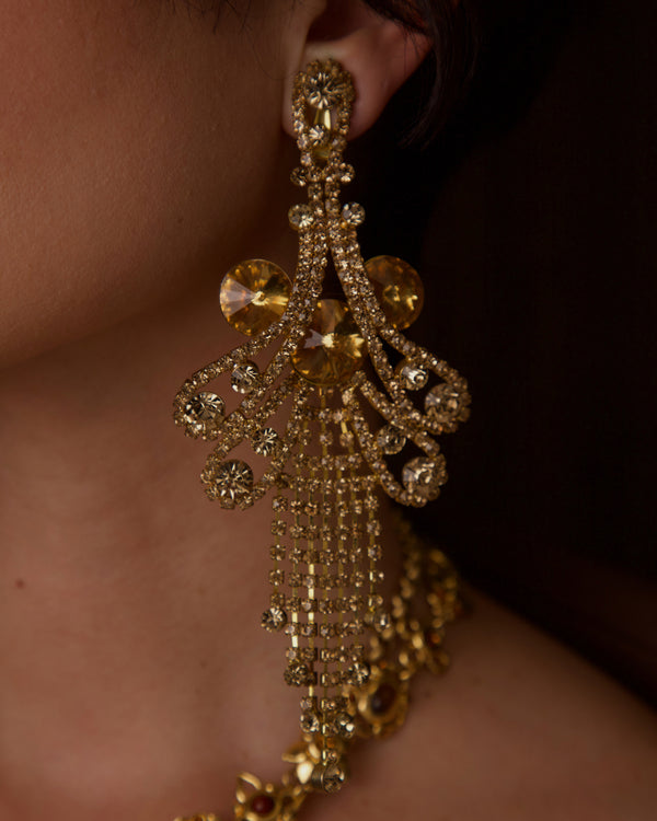 VINTAGE MASSIVE CHAMPAGNE RHINESTONE CHANDELIER EARRINGS
