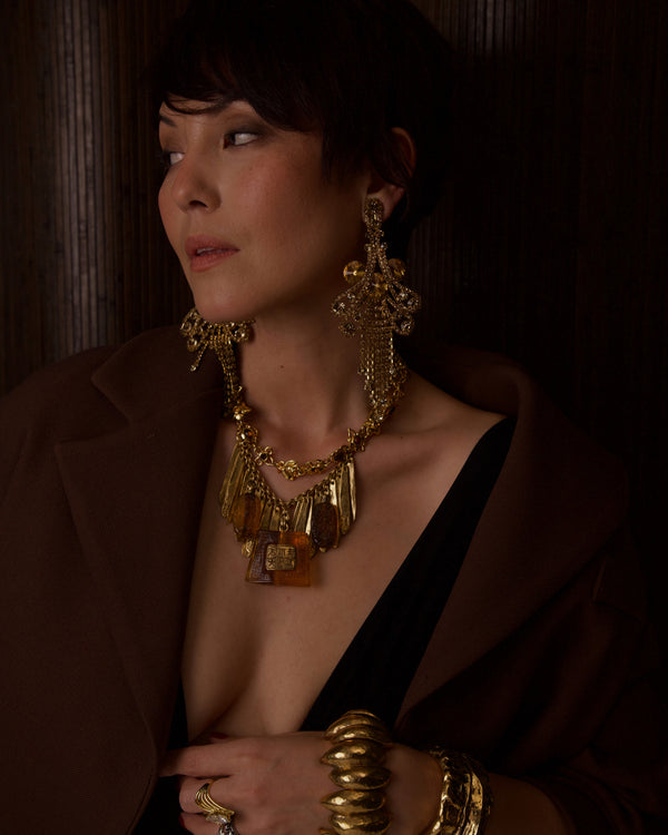 VINTAGE MASSIVE CHAMPAGNE RHINESTONE CHANDELIER EARRINGS