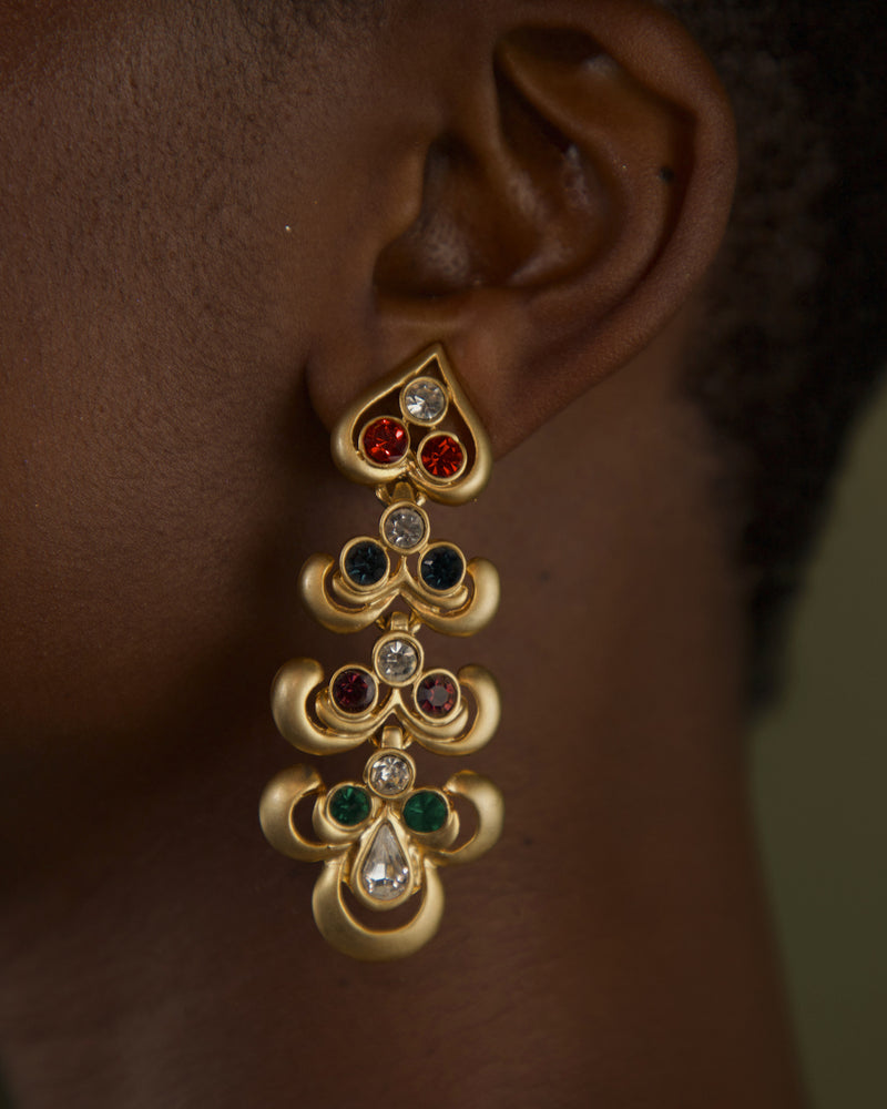 VINTAGE MATTE GOLD MULTI-COLORED DROP EARRINGS