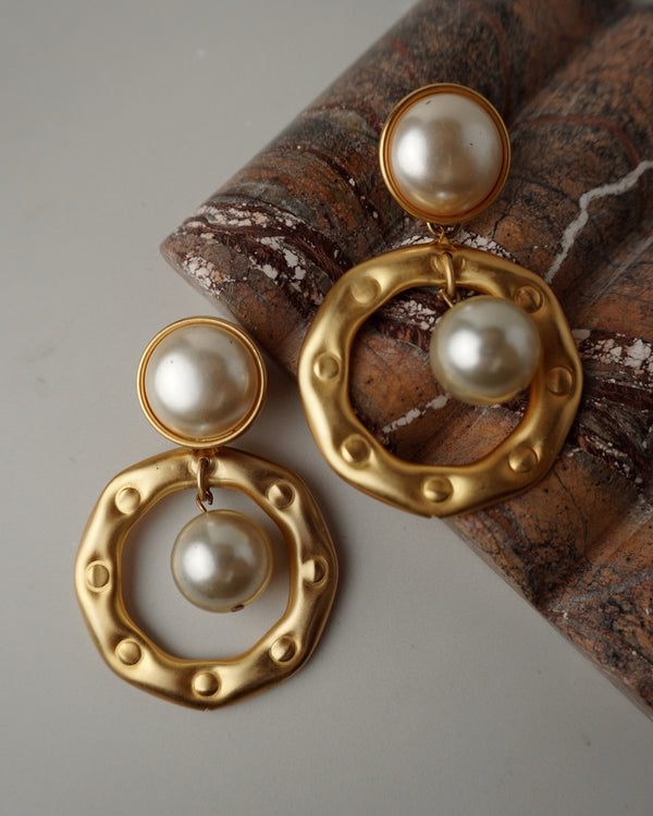 Vintage Matte Gold Pearl Drop Earrings